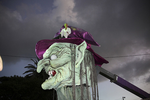 Joe Liszka in the witches head as the crane starts to lift it up. 