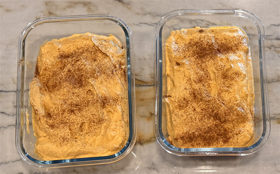 Divide the dip between two sealable containers, about 2 cups each, and lightly sprinkle the tops with extra pumpkin pie spice.