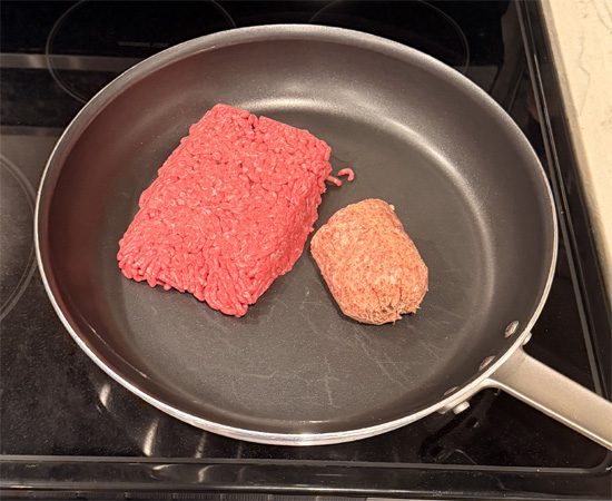 Heat a large skillet over medium heat. Add beef and sausage, breaking apart as it browns. Once no pink remains, transfer meat to the bowl with the bread. 