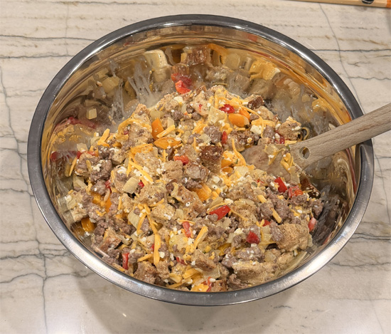 Pour egg mixture over the meat mixture and stir everything together. 