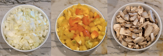 Chop the onions, bell pepper and mushrooms. Set aside.