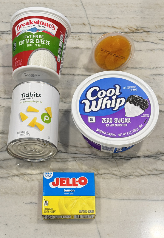 The ingredients for Lemon Pineapple Cottage Cheese Fluff. 