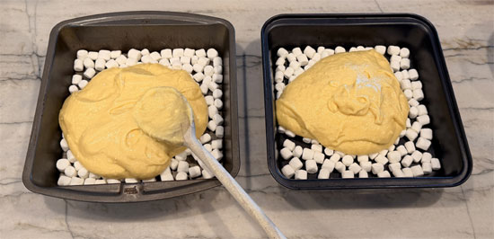Divide the batter evenly between the two pans, pouring it over the marshmallows. Spread gently to cover. Do not stir the marshmallows in.