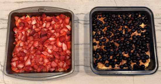 Spread half the fruit you chose over one pan and the other half over the second pan.