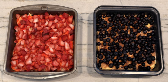 Gently pour 1/4 cup of water over one pan and 1/4 cup of water over the second pan.