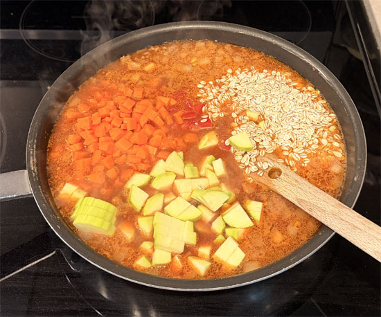 Stir in the remaining ingredients. Reduce heat to low, cover, and simmer until the barley is tender, about 20-25 minutes. 
