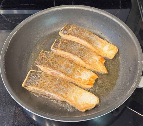 Place salmon fillets skin-side UP and cook 4 minutes.