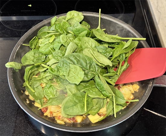 Add spinach and cook 2–3 minutes, stirring, until wilted.