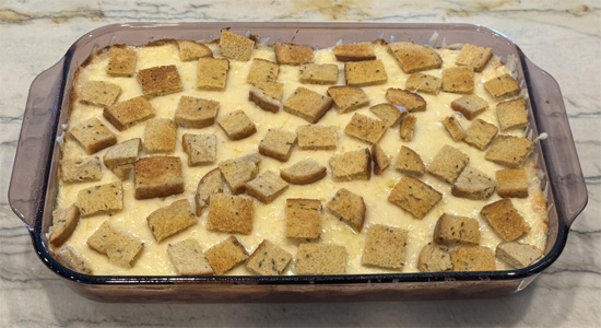 Bake at 350 degrees Fahrenheit for 30 minutes, until the edges turn brown and the bread is toasted.