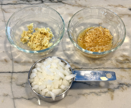 Prepare the minced garlic, onion, and ginger. Set aside.