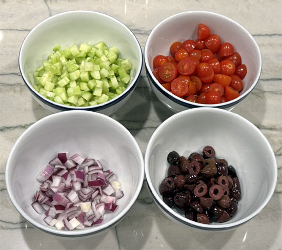 Prepare the first 8 ingredients (red onion through fresh dill) and set aside.