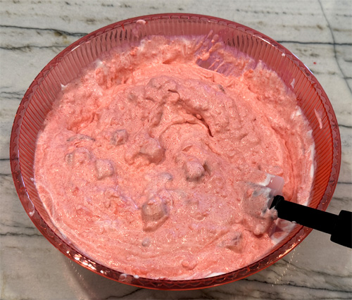 Fold in the THAWED Cool Whip. If you forgot to thaw it, cover the cottage cheese and store it in the refrigerator until the Cool Whip thaws.