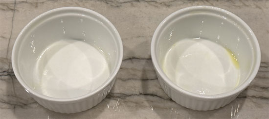 Lightly coat two ramekins with olive oil. The ones we used were 4 inches across.