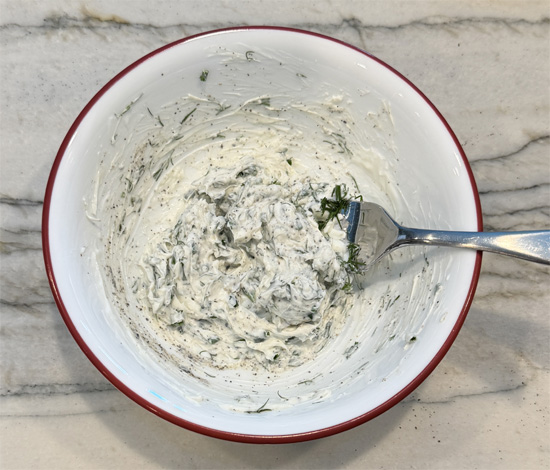 Mix together the first five ingredients, cream cheest, yogurt, chives, dill and pepper.