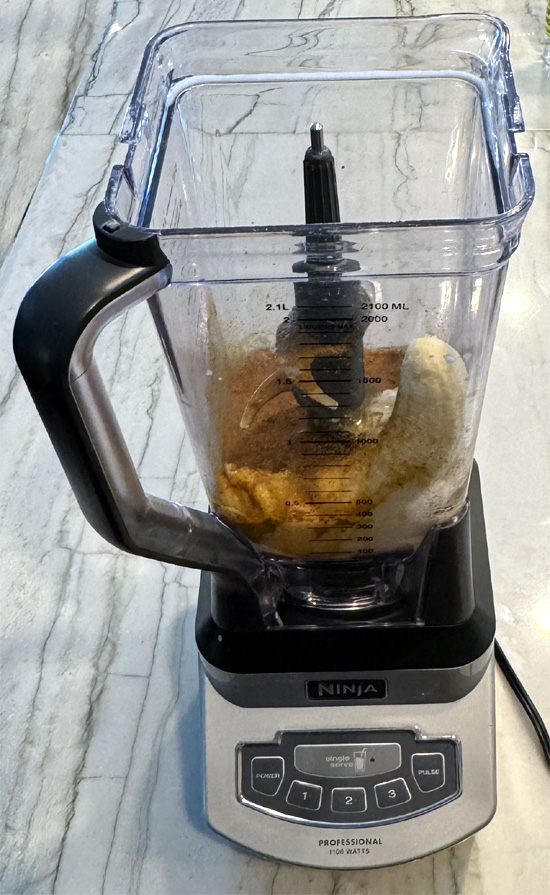 Mix all the spices, sweetener, and protein powder in a bowl. Then, pour that over the wet ingredients in the blender.