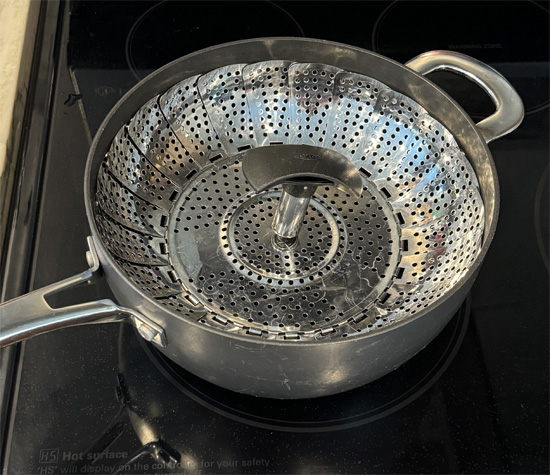 Fill a pot with about 3 cups of water and place a steamer basket inside. Make sure the water level is below the basket so the steam does the cooking. Heat the water on high until it boils.