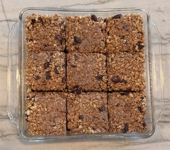 Refrigerate 2-5 hours until completely cool and firm, then cut into 9 bars.