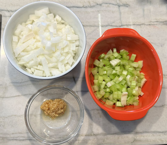 2. Saute the onion, celery and garlic in the butter until tender, about 5-6 minutes.