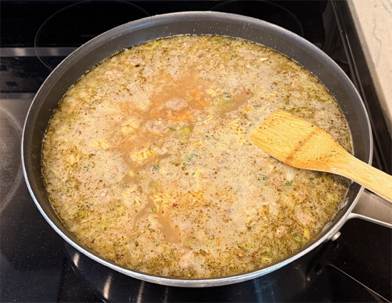 Stir in the dry orzo and cook for 8–10 minutes, stirring occasionally, until the pasta is tender.