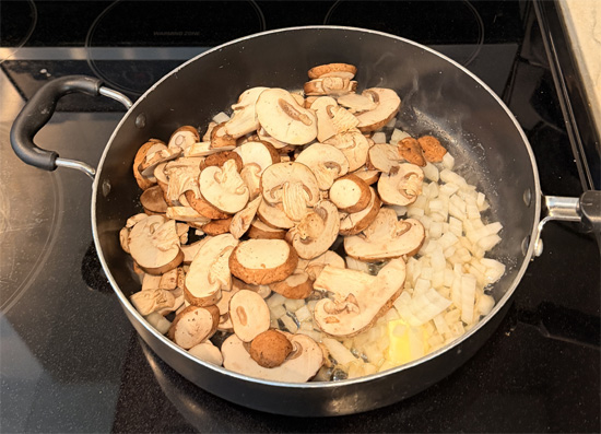 Add the butter, mushrooms and onions to the pan and saute for about 6 minutes, until tender. 