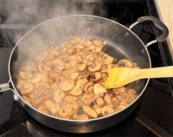Add the butter, mushrooms and onions to the pan and saute for about 6 minutes, until tender. 