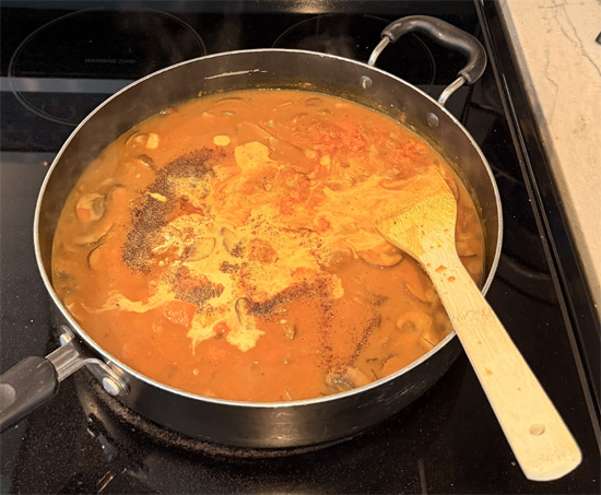 Reduce the heat to medium. Mix in the remaining ingredients, milk, honey, salt, pepper and nutmeg. Stir and heat through before serving. Garnish with optional toppings before serving. 