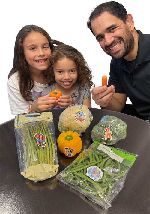 Veggies with cartoons.
